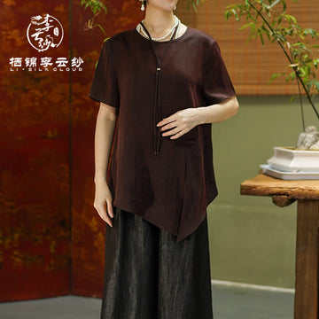 Chinese-style Pure Color Short Sleeve Blouse with Long Thin Attached Tie & Pearl Buttons – Elegant Women's Top (Dark Brown)
