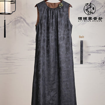 New Chinese-style embroidered dress l Detachable belt +elegant bow tie | Slim-fitting retro style | Guangdong Black Pearl Gambiered Guangdong Gauze xiangyunsha