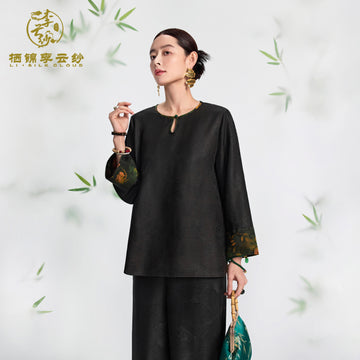 Quiet Luxury Top Gradient color pattern on the cuff CloudFeeling Skin Friendly Fabric Guangdong Black Pearl Gambiered Guangdong Gauze xiangyunsha