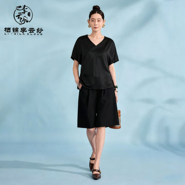 Xiangyunsha casual top wide hem design Perfectly conceals the hips Cloud Feeling Skin Friendly Fabric Guangdong Black Pearl Gambiered Guangdong Gauze xiangyunsha