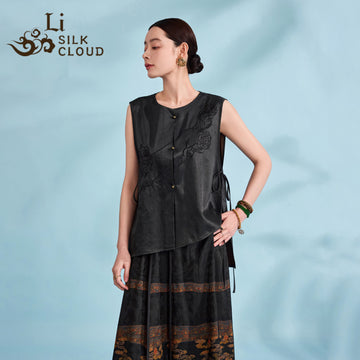 Xiangyunsha Vest Chinese Style Hand-Embroidered Sleeveless Single Button Summer Lightweight 100 Silk Guangdong Black Pearl Gambiered Guangdong Gauze xiangyunsha