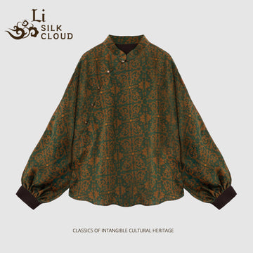 Chic Xiangyunsha TOP | Vintage Frog Closures & MandarinCollar | Bold Dark Green/Orange | Flowy Lantern Sleeves lLuxury Feel Guangdong Black Pearl Gambiered GuangdongGauze xiangyunsha