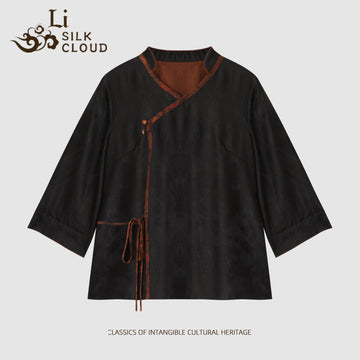 Xiangyunsha Retro Top . handmade buttonhole Soft and breathable Guangdong Black Pearl Gambiered GuangdongGauze xiangyunsha