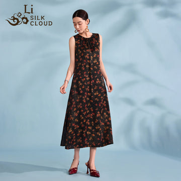 Xiangyunsha silk dress- Detachable Belt & Bow Guangdong Black Pearl Gambiered Guangdong Gauze xiangyunsha
