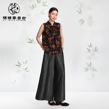Stand-Collar Vest - 100% Mulberry Silk, Traditional Oriental Sleevel Guangdong Black Pearl Gambiered Guangdong Gauze xiangyunsha