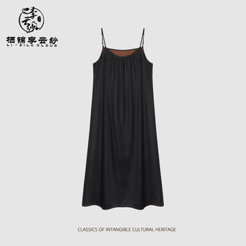 Dress - Pure Black Drapey Silk Long Dress, Chinese Style Retro Dress for Inner/Outer Wear,Guangdong Black Pearl Gambiered Guangdong Gauze xiangyunsha