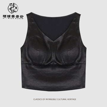 Backless Top Sexy Elegant Silk Blouse,Guangdong Black Pearl Gambiered Guangdong Gauze xiangyunsha