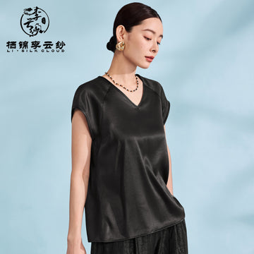 Short Sleeve Blouse Casual Summer Silk Top,Guangdong Black Pearl Gambiered Guangdong Gauze xiangyunsha