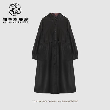 Black Xiangyunsha Coat - Drawstring Waist & Hidden Pockets Guangdong Black Pearl Gambiered Guangdong Gauze xiangyunsha