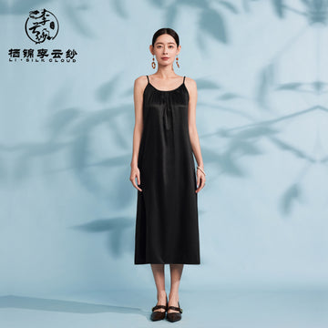 Dress - Pure Black Drapey Silk Long Dress, Chinese Style Retro Dress for Inner/Outer Wear Guangdong Black Pearl Gambiered Guangdong Gauze xiangyunsha