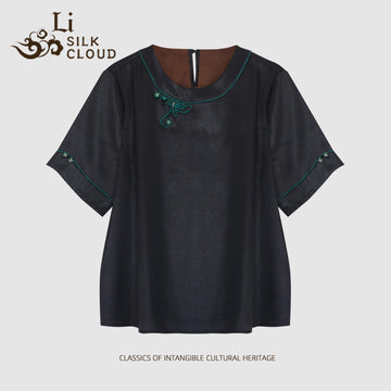 New Chinese-style Xiangyunsha top Jade green handmade rope knot Cloud-feel fabric Guangdong Black Pear Gambiered Guangdong Gauze xiangyunsha