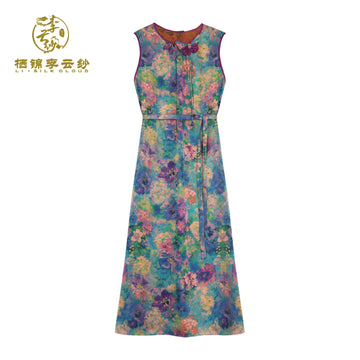 Dress with Monet Flower Print - Skin-Friendly Silk Fabric, Elegant Oriental Gown Guangdong Black Pearl Gambiered Guangdong Gauze