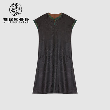 Dress,100% Mulberry Silk, Elegant Traditional Oriental Design Guangdong Black Pearl Gambiered Guangdong Gauze xiangyunsha