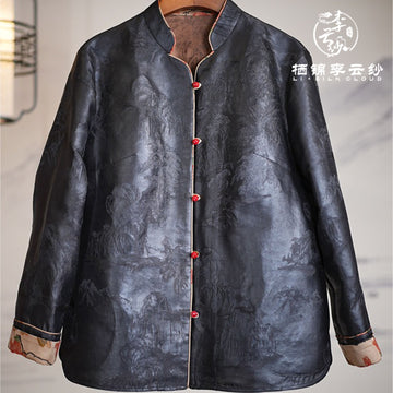coat Hand-embroidered new Chinese-style Classical printon the cuffs | Good luck red single-breasted button Guangdong Black Pearl Gambiered Guangdong Gauze xiangyunsha