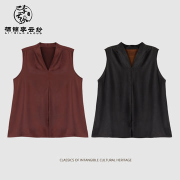 V-Neck Sleeveless Top - Classic Silk Fabric, Stylish Oriental Guangdong Black Pearl Gambiered Guangdong Gauze xiangyunsha