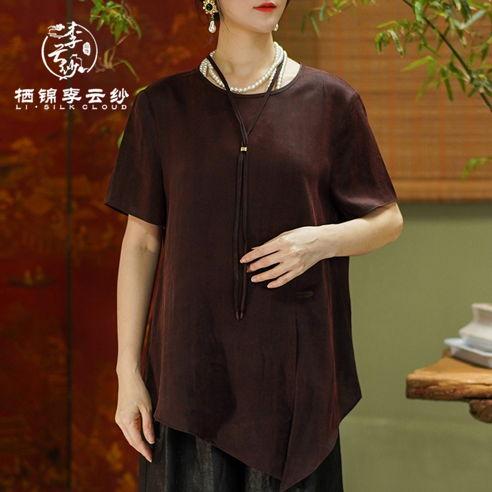 Chinese-style Pure Color Short Sleeve Blouse with Long Thin Attached Tie & Pearl Buttons – Elegant Women's Top (Dark Brown)