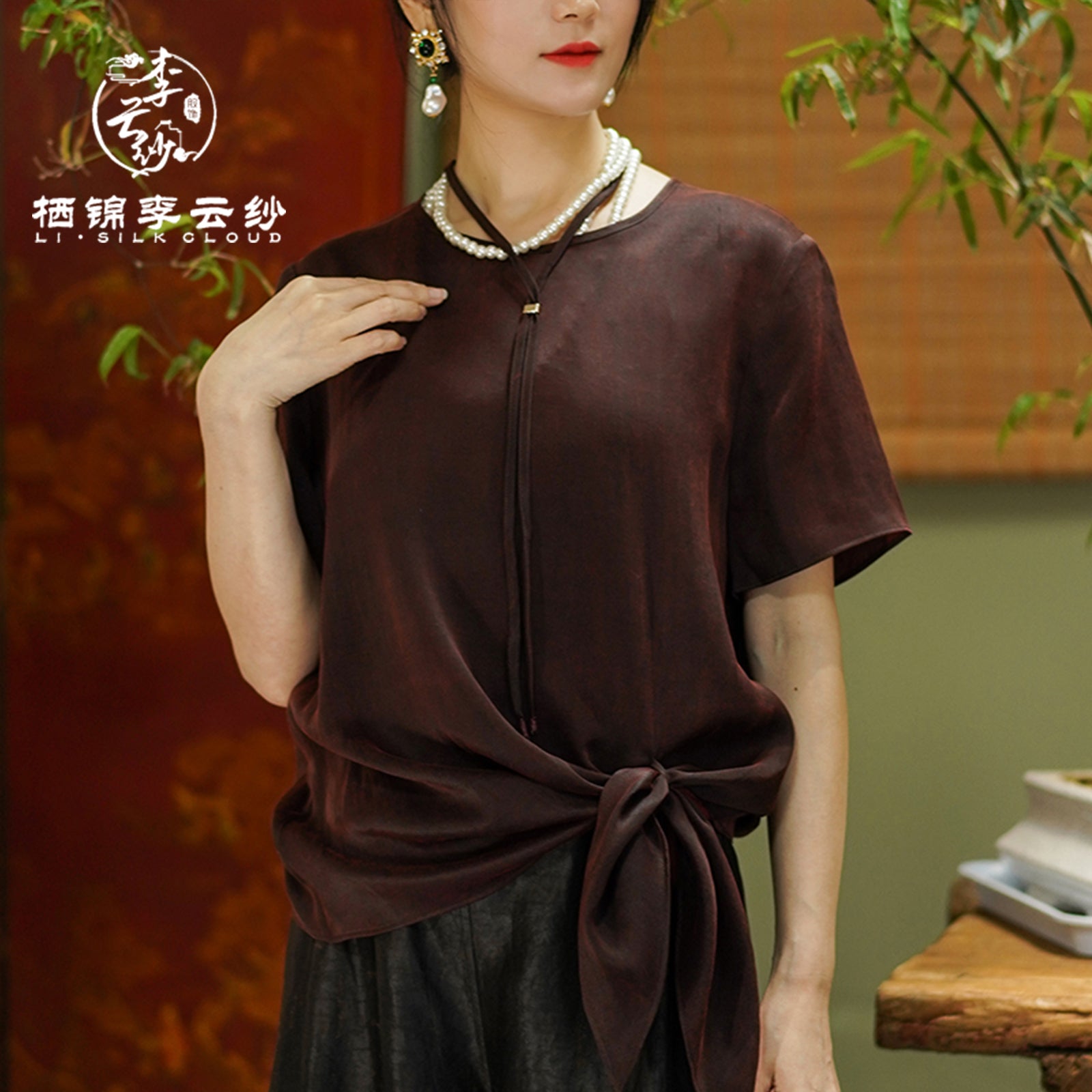 Chinese-style Pure Color Short Sleeve Blouse with Long Thin Attached Tie & Pearl Buttons – Elegant Women's Top (Dark Brown)