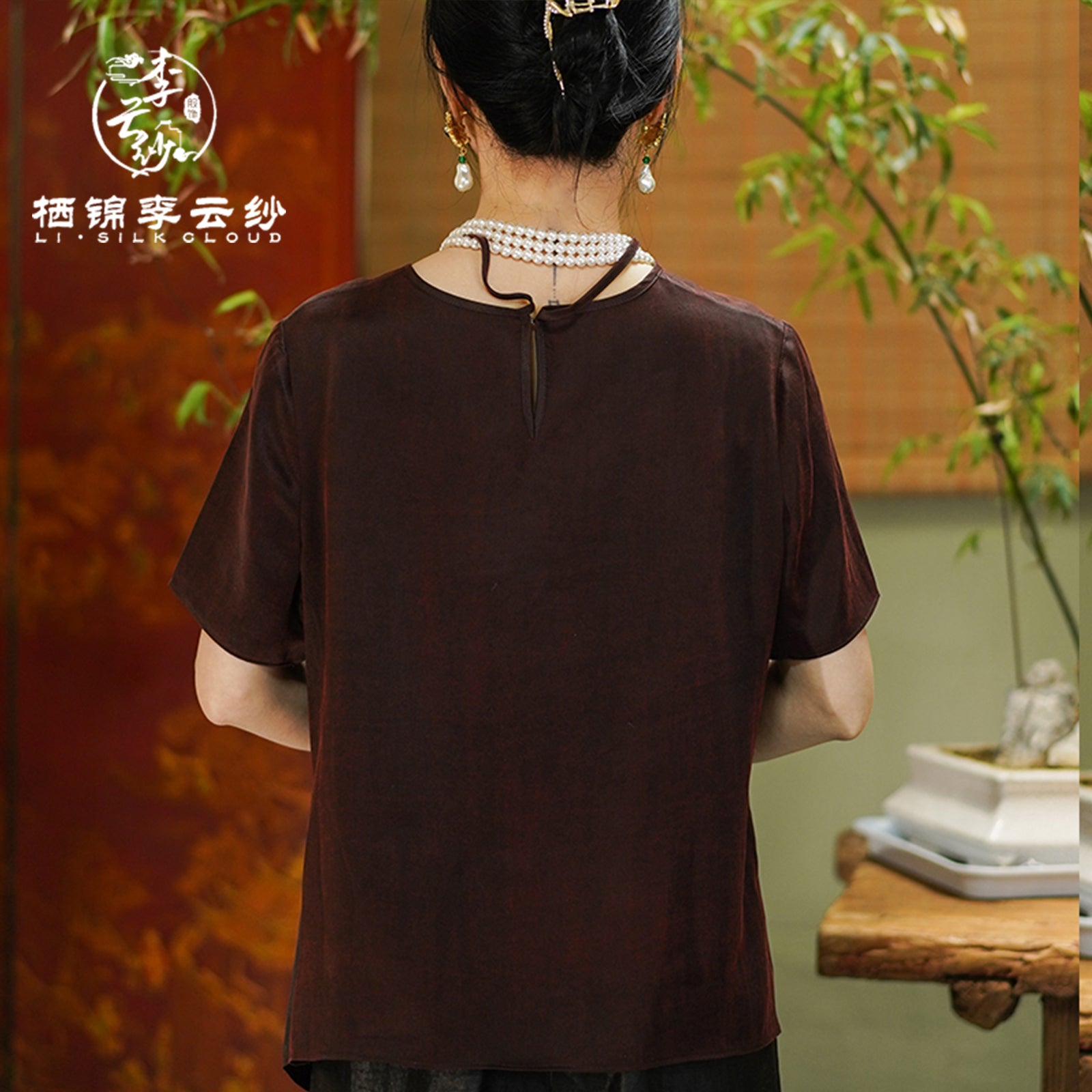 Chinese-style Pure Color Short Sleeve Blouse with Long Thin Attached Tie & Pearl Buttons – Elegant Women's Top (Dark Brown)