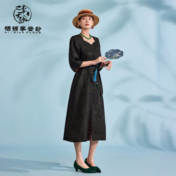 Dress，100% Mulberry Silk ，Tie-Waist Design,Soft Silk Fabric Guangdong Black Pearl Gambiered Guangdong Gauze xiangyunsha