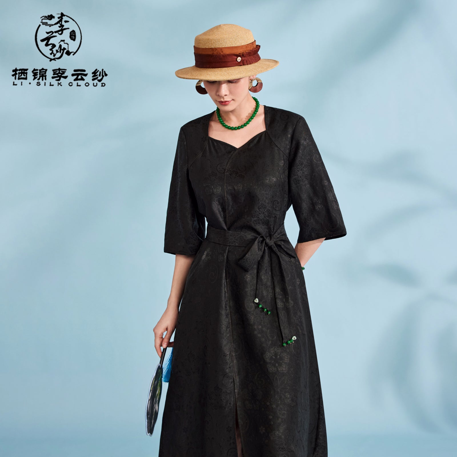 Dress，100% Mulberry Silk ，Tie-Waist Design,Soft Silk Fabric Guangdong Black Pearl Gambiered Guangdong Gauze xiangyunsha