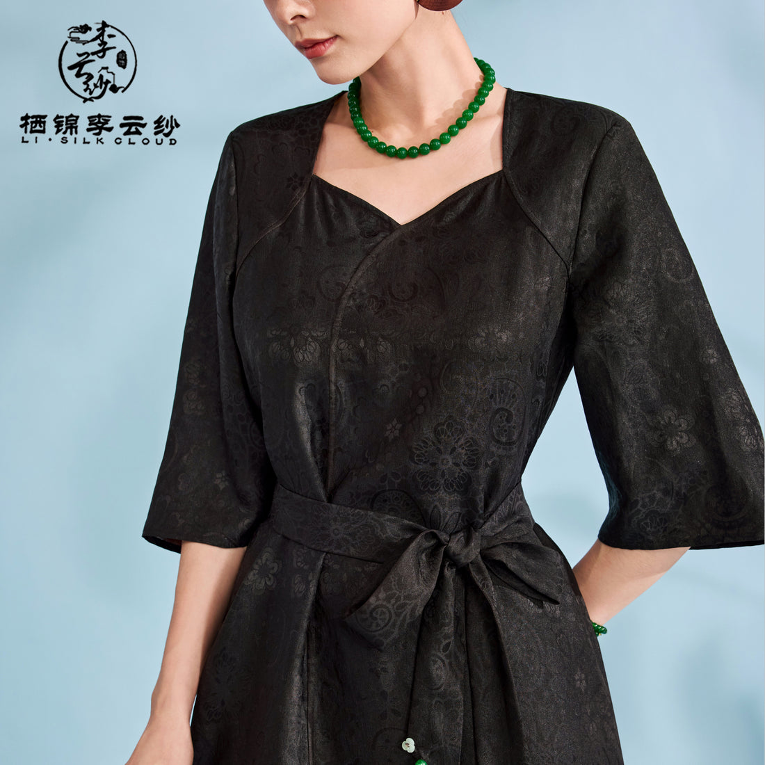 Dress，100% Mulberry Silk ，Tie-Waist Design,Soft Silk Fabric Guangdong Black Pearl Gambiered Guangdong Gauze xiangyunsha