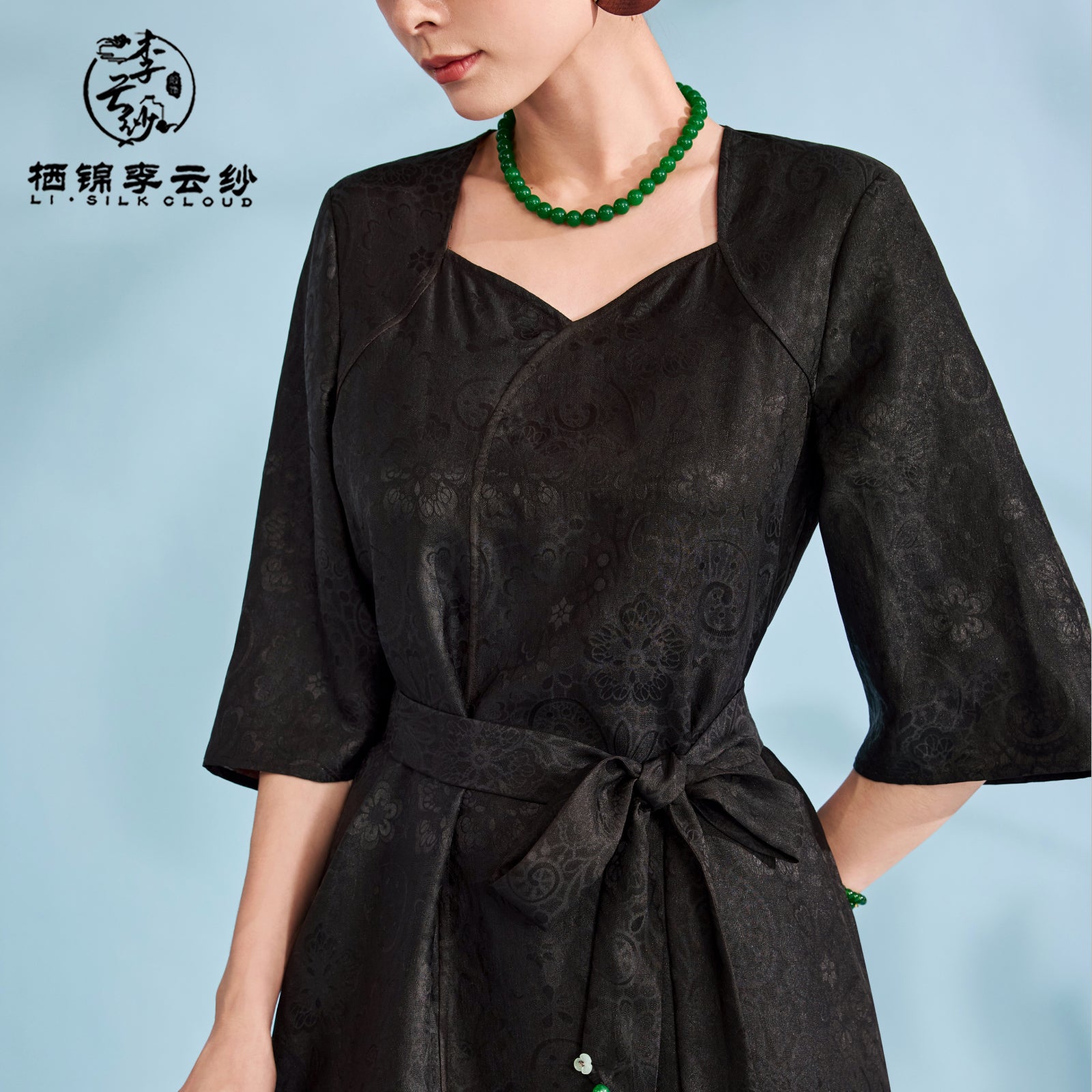 Dress，100% Mulberry Silk ，Tie-Waist Design,Soft Silk Fabric Guangdong Black Pearl Gambiered Guangdong Gauze xiangyunsha