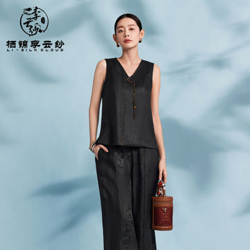V-Neck Vest Top - 100% Mulberry Silk, Chinese Style, Elegant Sleevel Guangdong Black Pearl Gambiered Guangdong Gauze xiangyunsha