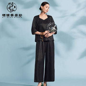 Top - Lustrous Shiny Fabric, Ultra-Soft Skin-Friendly, Traditional Guangdong Black Pearl Gambiered Guangdong Gauze xiangyunsha