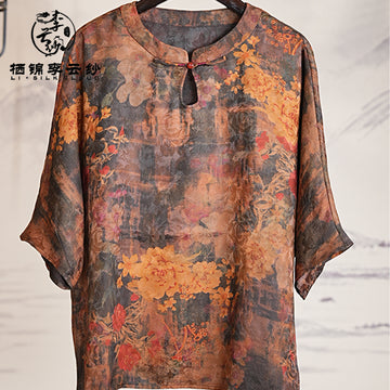 New Chinese-style short-sleeved shirt | Elegant embroidery design |Plate fastener details + modern cut | Sweat-wicking and breathable Guangdong Black Pearl Gambiered Guangdong Gauze xiangyunsha