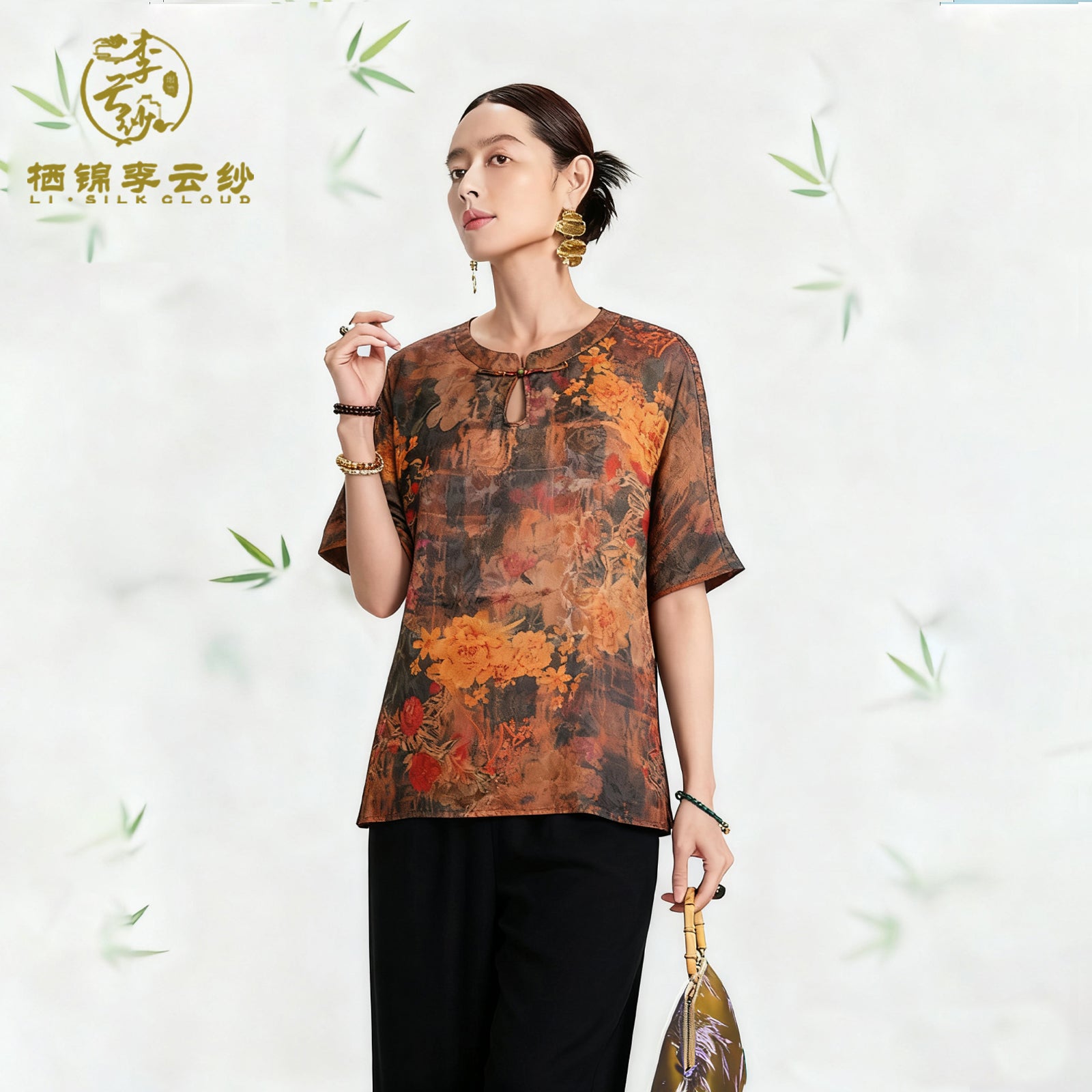 New Chinese-style short-sleeved shirt | Elegant embroidery design |Plate fastener details + modern cut | Sweat-wicking and breathable Guangdong Black Pearl Gambiered Guangdong Gauze xiangyunsha