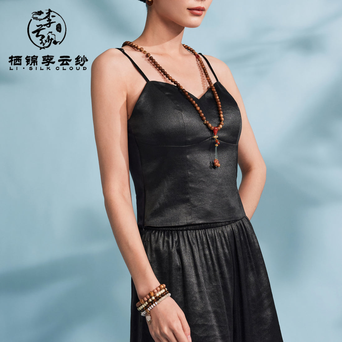 Backless V-Neck Camisole - 100% Mulberry Silk, Chinese Style, Elegant Guangdong Black Pearl Gambiered Guangdong Gauze xiangyunsha