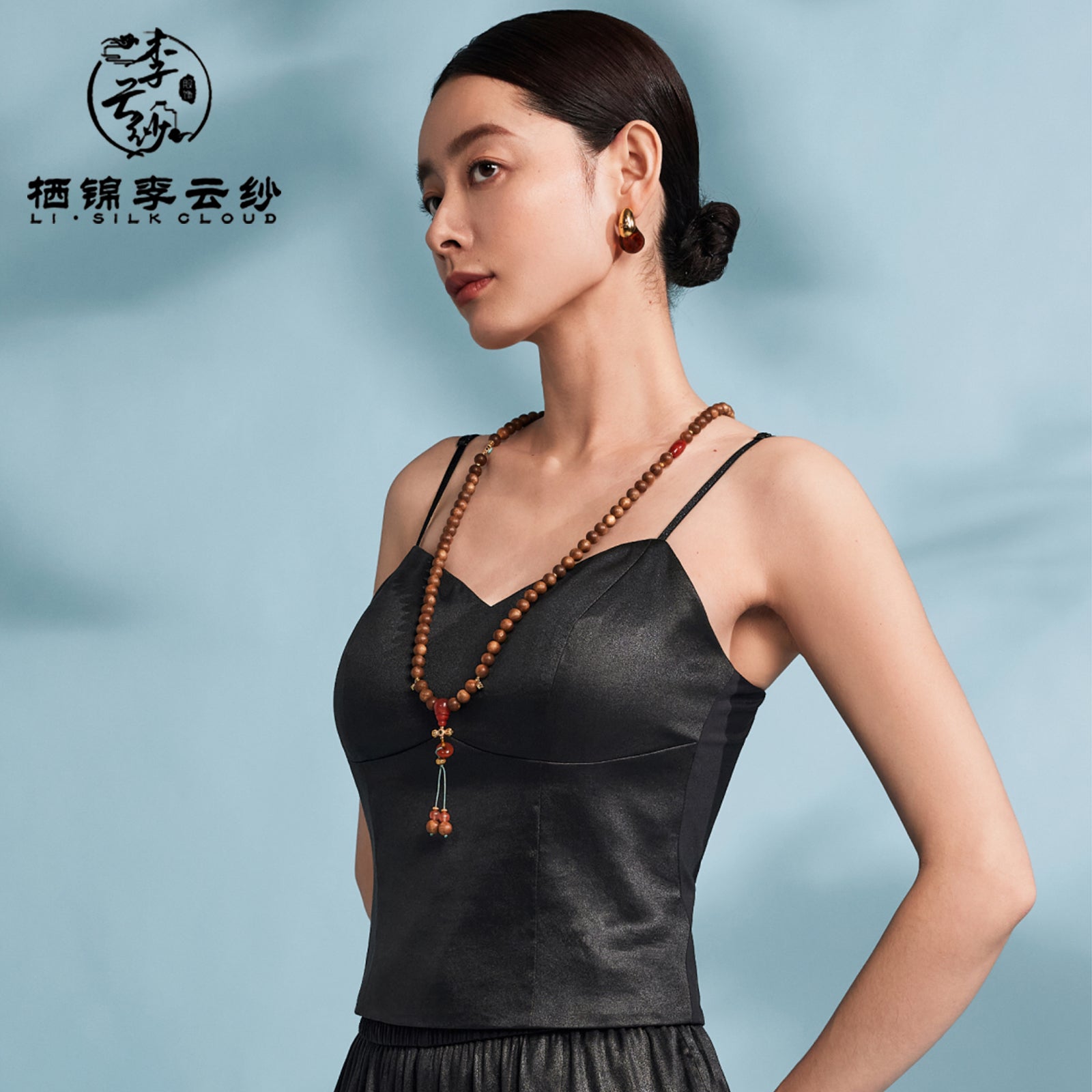 Backless V-Neck Camisole - 100% Mulberry Silk, Chinese Style, Elegant Guangdong Black Pearl Gambiered Guangdong Gauze xiangyunsha