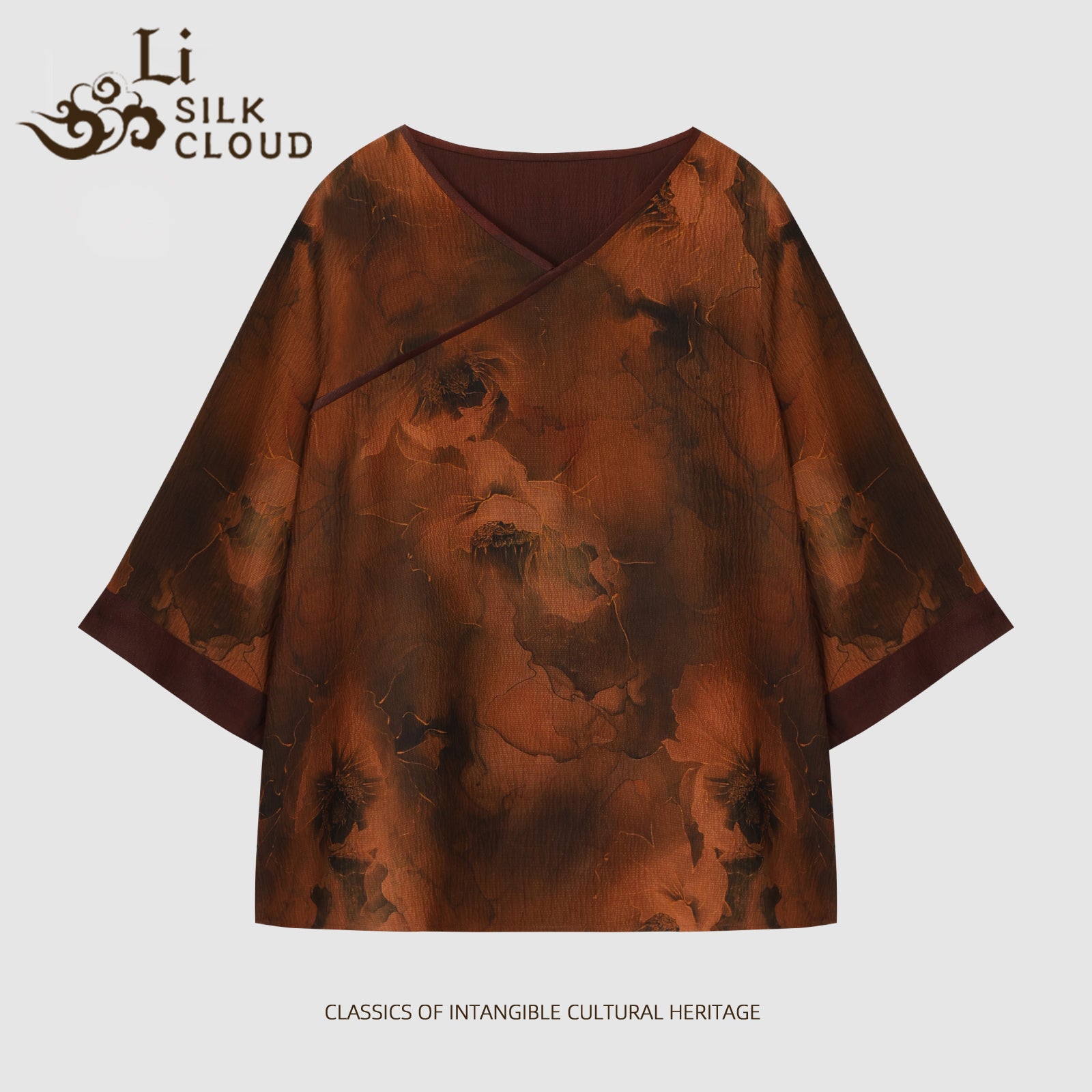 New Chinese-style Xiangyunsha top  Cloud Feeling Skin Friendly Fabric Guangdong Black Pearl Gambiered Guangdong Gauze xiangyunsha