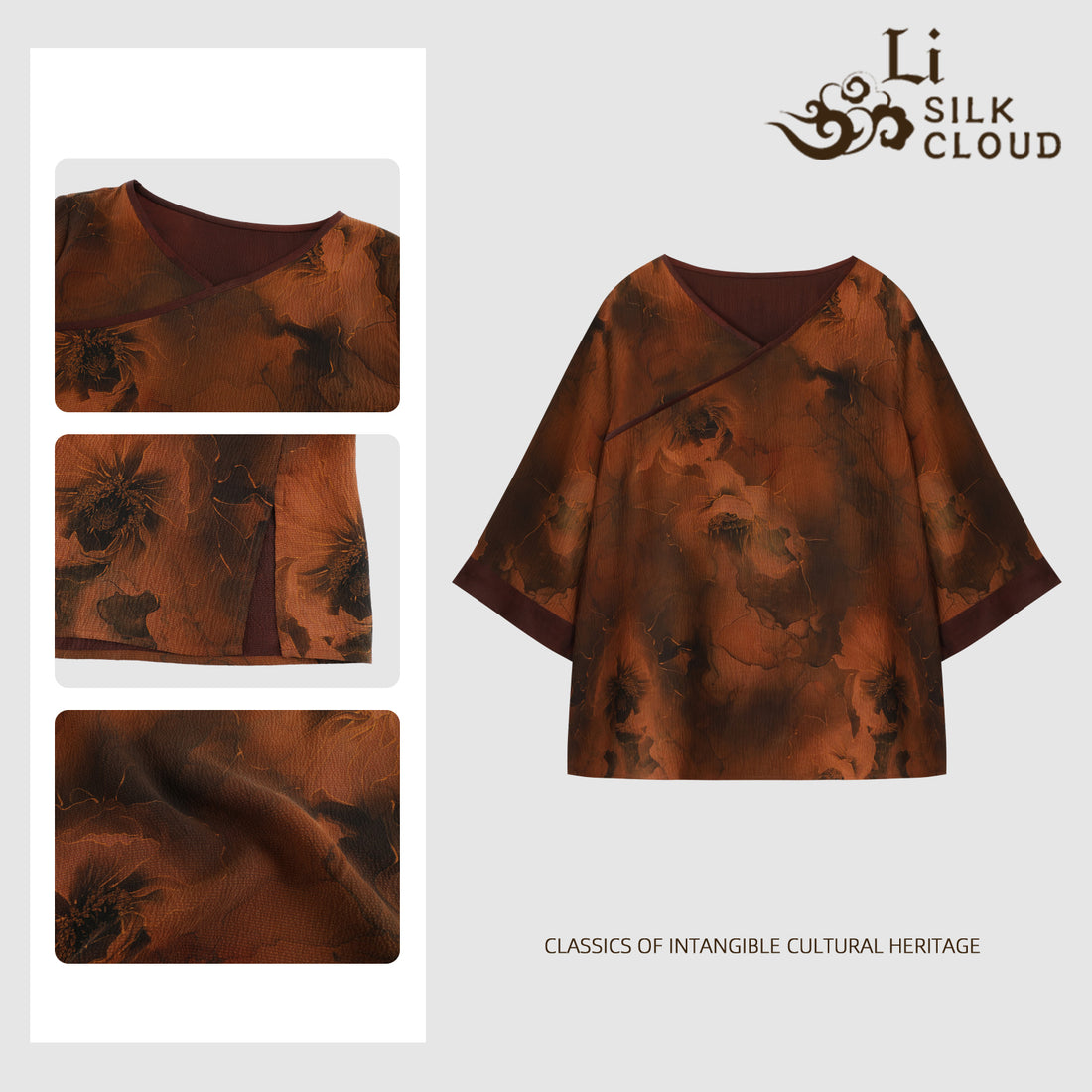 New Chinese-style Xiangyunsha top  Cloud Feeling Skin Friendly Fabric Guangdong Black Pearl Gambiered Guangdong Gauze xiangyunsha