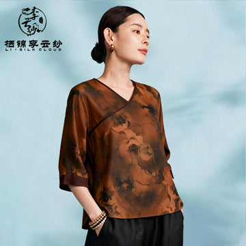 New Chinese-style Xiangyunsha top  Cloud Feeling Skin Friendly Fabric Guangdong Black Pearl Gambiered Guangdong Gauze xiangyunsha