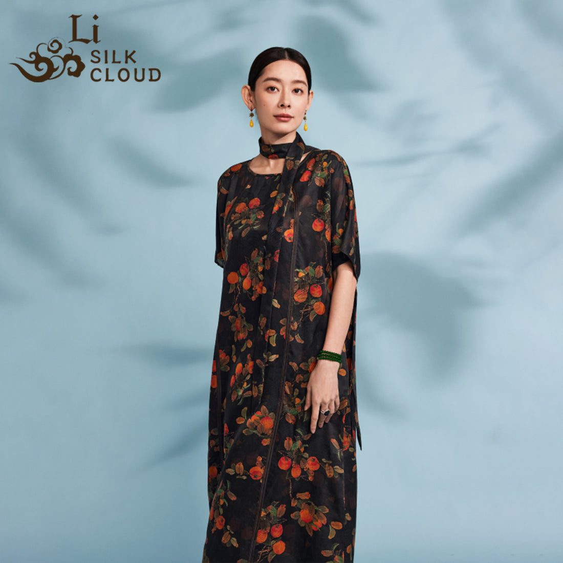 Dress - 100% Mulberry Silk, Elegant Ribbon Detail,Traditional Orient Guangdong Black Pearl Gambiered Guangdong Gauze xiangyunsha