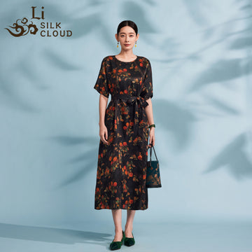 Dress - 100% Mulberry Silk, Elegant Ribbon Detail,Traditional Orient Guangdong Black Pearl Gambiered Guangdong Gauze xiangyunsha