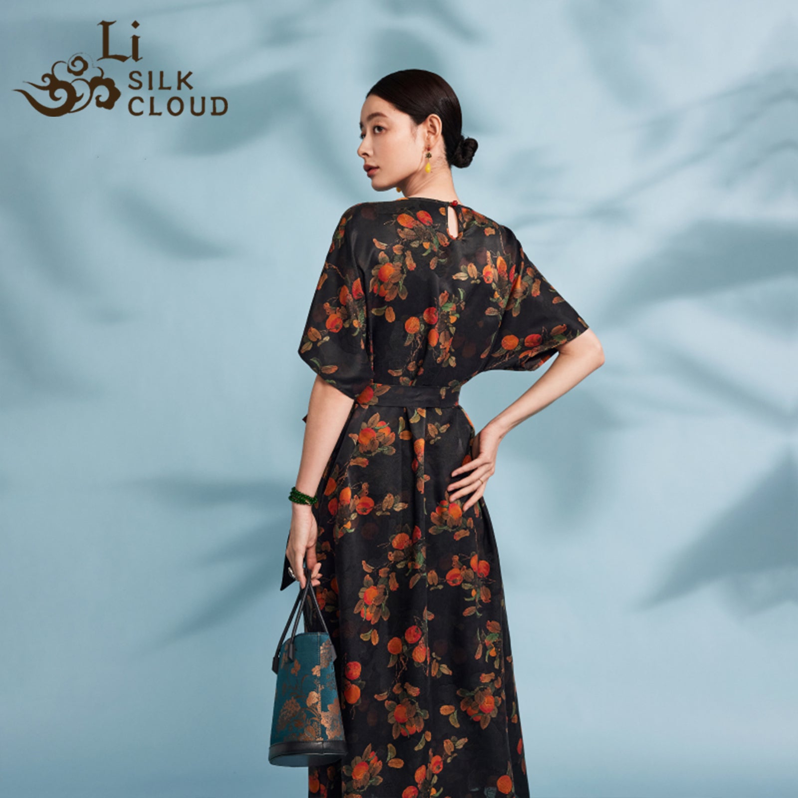 Dress - 100% Mulberry Silk, Elegant Ribbon Detail,Traditional Orient Guangdong Black Pearl Gambiered Guangdong Gauze xiangyunsha