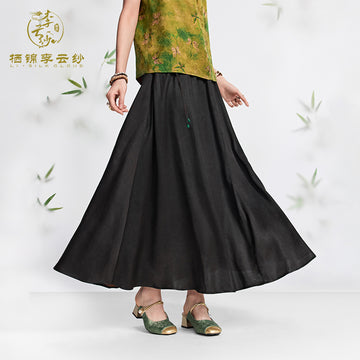 Chinese Style Skirt Xiangyunsha Emerald Bead Tie Detail Black Gambiered Silk Elegant Versatile Guangdong Black Pearl Gambiered Guangdong Gauze xiangyunsha