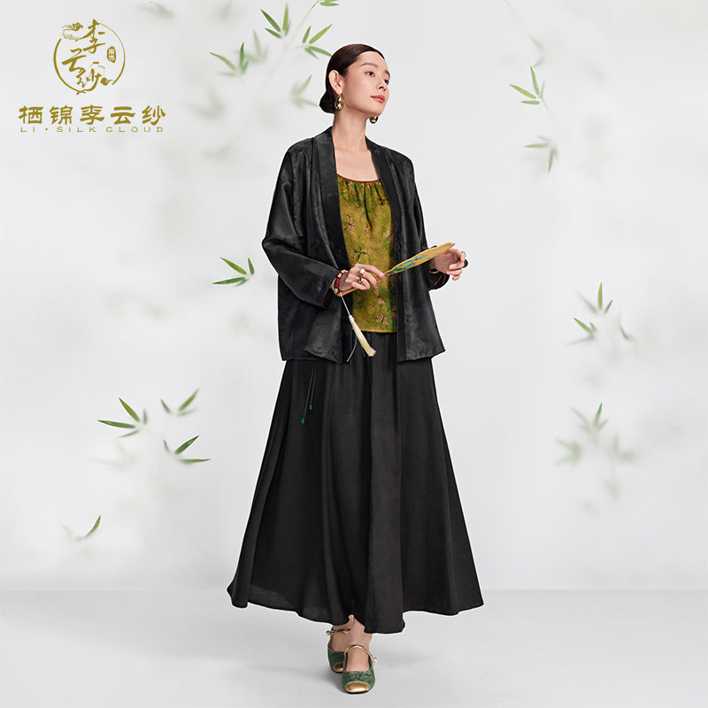 Chinese Style Skirt Xiangyunsha Emerald Bead Tie Detail Black Gambiered Silk Elegant Versatile Guangdong Black Pearl Gambiered Guangdong Gauze xiangyunsha