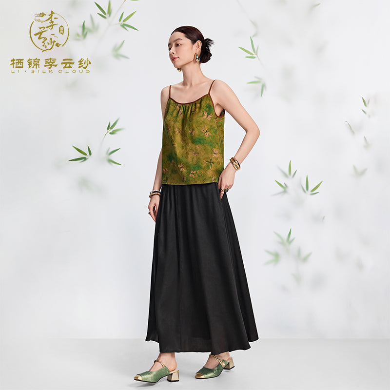 Chinese Style Skirt Xiangyunsha Emerald Bead Tie Detail Black Gambiered Silk Elegant Versatile Guangdong Black Pearl Gambiered Guangdong Gauze xiangyunsha