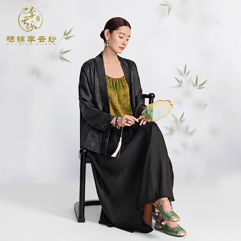 Chinese Style Skirt Xiangyunsha Emerald Bead Tie Detail Black Gambiered Silk Elegant Versatile Guangdong Black Pearl Gambiered Guangdong Gauze xiangyunsha