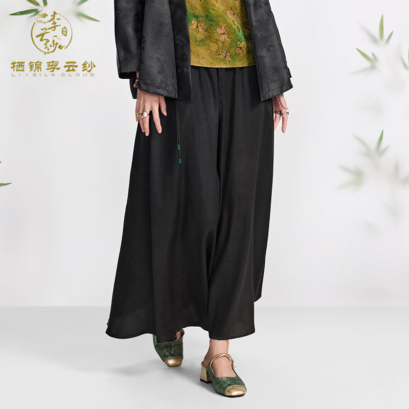 Chinese Style Skirt Xiangyunsha Emerald Bead Tie Detail Black Gambiered Silk Elegant Versatile Guangdong Black Pearl Gambiered Guangdong Gauze xiangyunsha