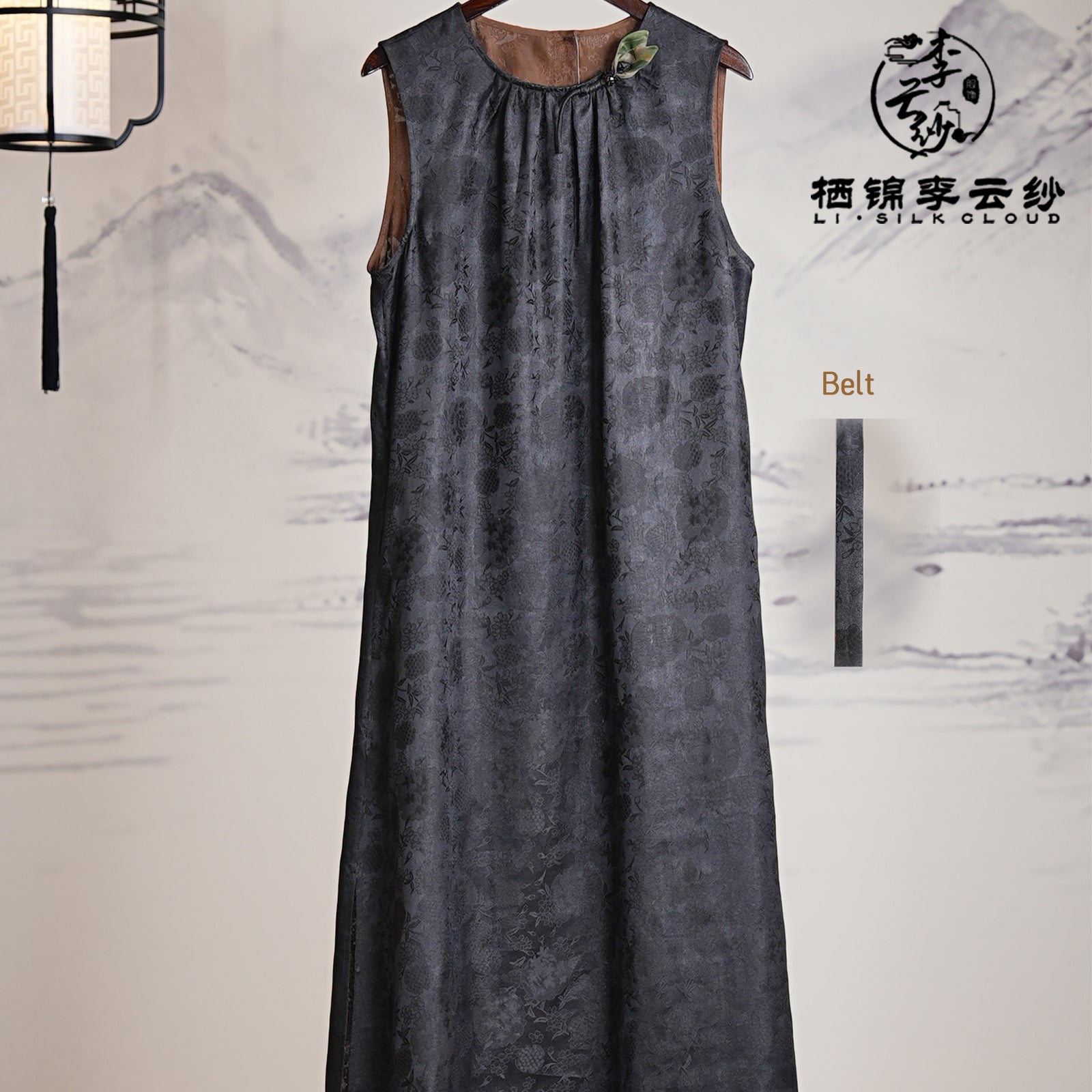 New Chinese-style embroidered dress l Detachable belt +elegant bow tie | Slim-fitting retro style | Guangdong Black Pearl Gambiered Guangdong Gauze xiangyunsha