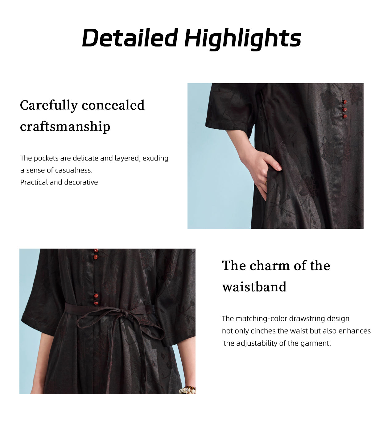 New Chinese-style Xiangyunsha Dress · Detachable belt Hidden pockets Guangdong Black Pearl Gambiered Guangdong Gauze xiangyunsha
