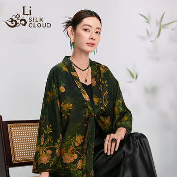 Peony Forest Green Gambiered Silk Jacket Chinese StyleFlattering Neck Shoulder Regal   Guangdong Black PearGambiered Guangdong Gauze xiangyunsha