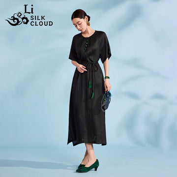 Chinese-style Xiangyunsha Dress · Removable waistband Cloud-like breathability Guangdong Black Pearl Gambiered Guangdong Gauze xiangyunsha