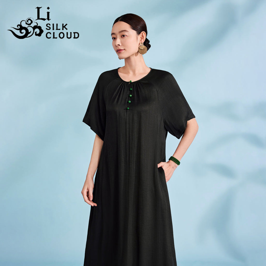 Chinese-style Xiangyunsha Dress · Removable waistband Cloud-like breathability Guangdong Black Pearl Gambiered Guangdong Gauze xiangyunsha