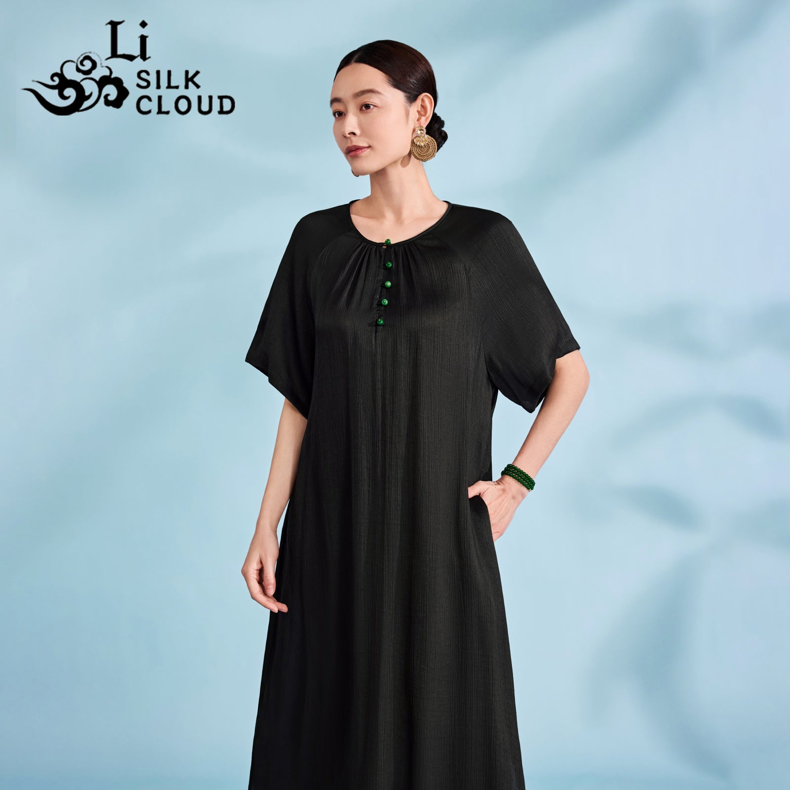 Chinese-style Xiangyunsha Dress · Removable waistband Cloud-like breathability Guangdong Black Pearl Gambiered Guangdong Gauze xiangyunsha