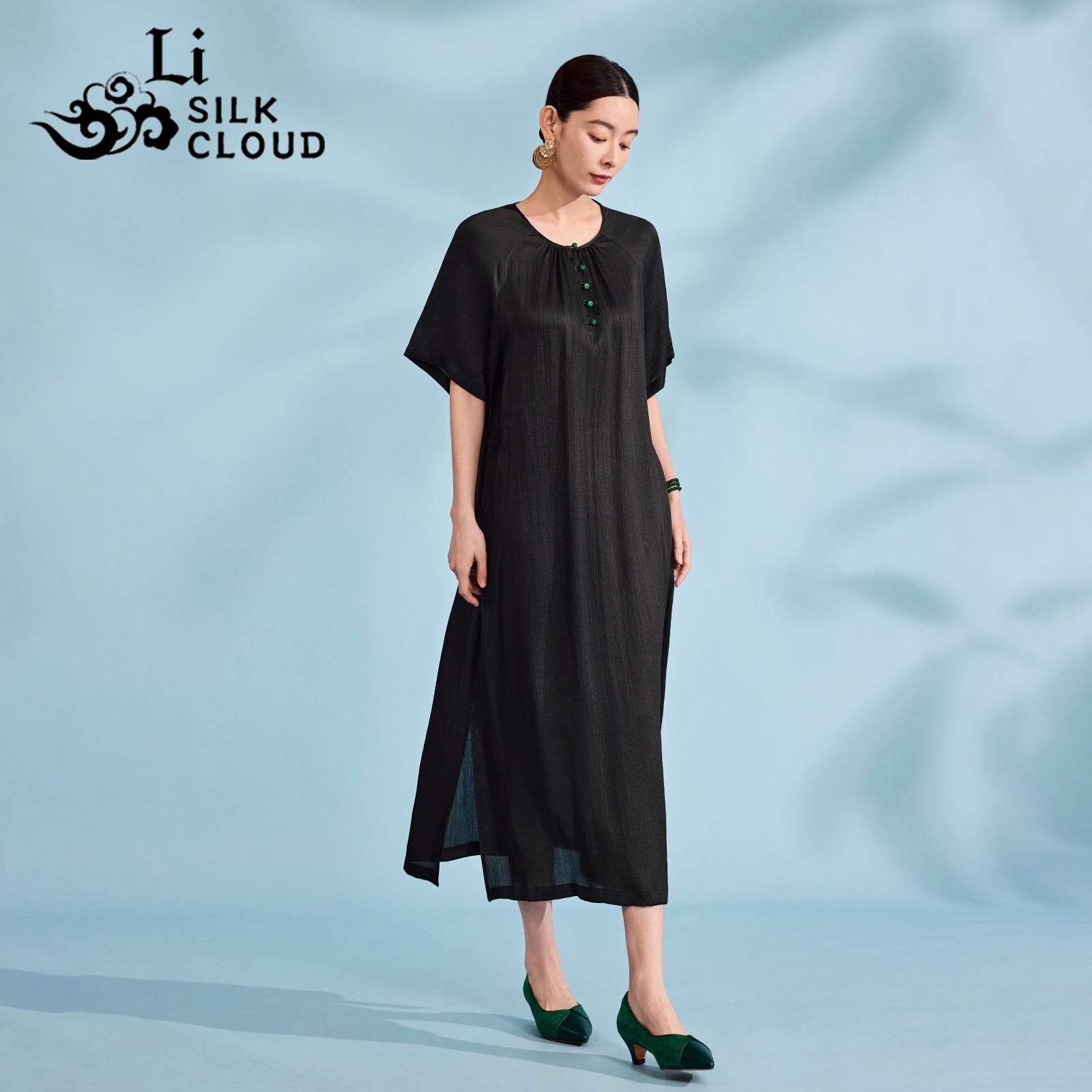 Chinese-style Xiangyunsha Dress · Removable waistband Cloud-like breathability Guangdong Black Pearl Gambiered Guangdong Gauze xiangyunsha